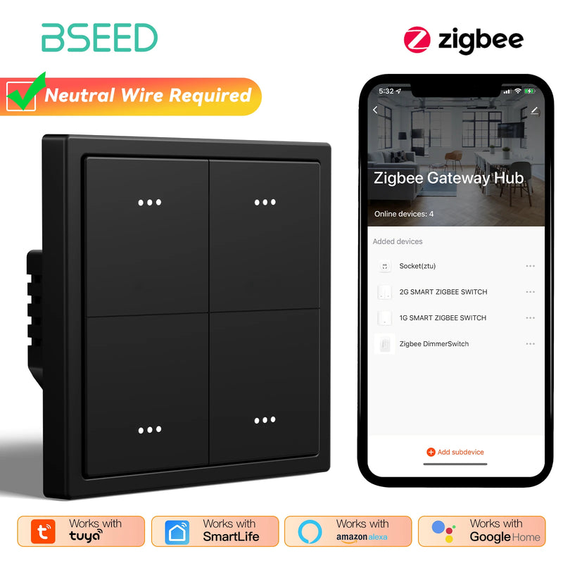 BSEED Zigbee Click Light Switch 1/2/3/4Gang Smart Button Switch Plastic Frame Tuya Smart Life Alexa Control Need Neutral Line