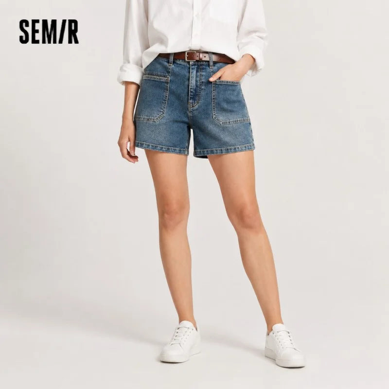 Semir Womens Denim Shorts 2026 Vintage Washed Semi Elastic Waist Straight Casual Soft