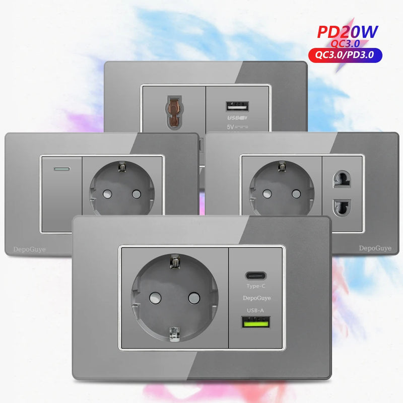 Type 118 Grey Tempered Glass Panel EU Wall Light Switch,Europe Wall Socket With USB Type-c 18W Quick Charge Outlet 118*75mm
