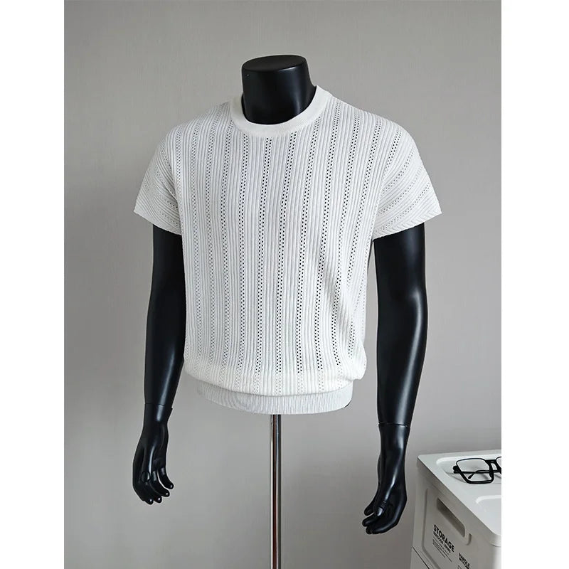 Old Money Style Men's T-Shirt, See-Through Raglan Sleeves & Round Neck, Ice Silk Knit for Cool Feeling