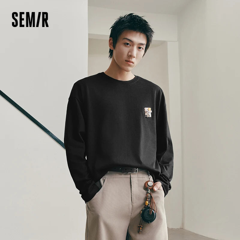 Semir Men Tshirt Long Sleeve Loose Crew Neck Embroidered Detail 2026 Autumn Couple Casual Pullover Everyday Top
