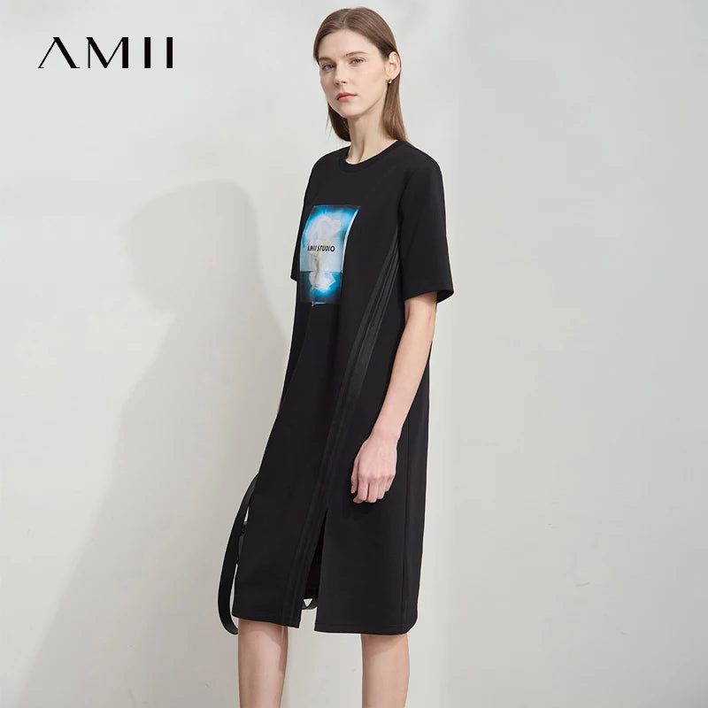 AMII Women Minimalist Summer Casual Dresses 2026 New Print Round Neck Short Sleeve Dress Lady Fashion Woman Clothes 12522003