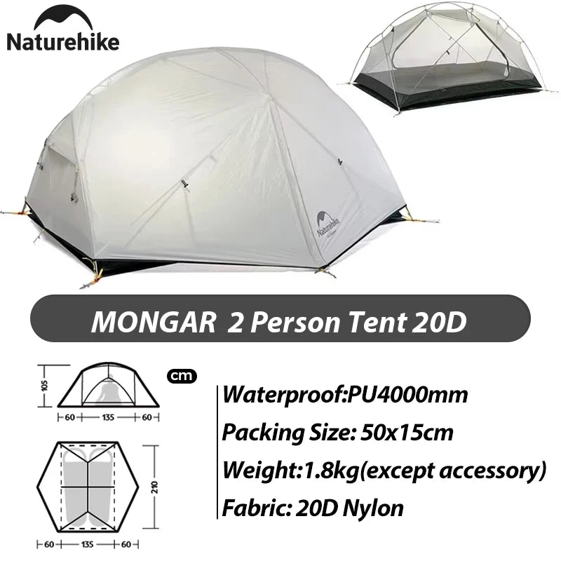 Naturehike Mongar Pro 123 Ultralight Three Season Outdoor Waterproof 20D Nylon Hiking Tent 2 Person Rucksack Camping Riding Tent