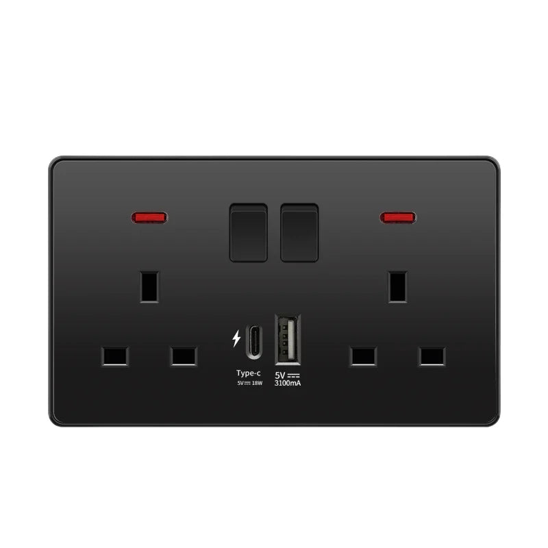 Black Uk 13A Smart Fast Charging Type C18W Charging Socket,1gang2way Wall Light Switch ,Universal Double Five-hole USB C Outlet