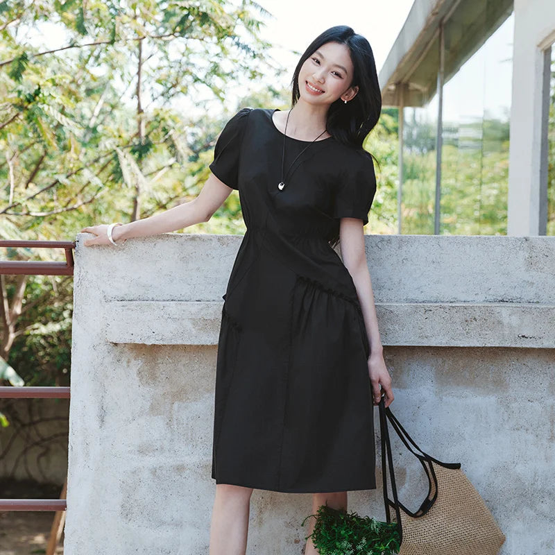 Semir Women Dress Irregular Spliced Ruffle Puff Sleeve Waist Trimming Stylish Midi 2026 Elegant Fashion Casual Daily Wear