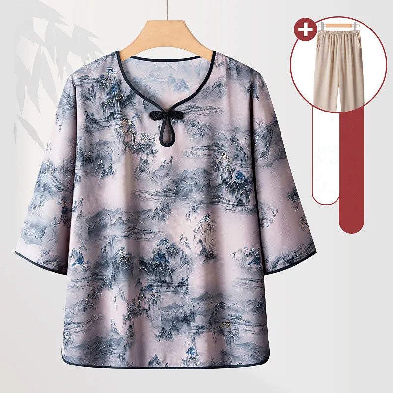 ឈុតគេងសម្រាប់ស្ត្រី XL-4XL ប៉ាក់ដោយកប្បាស បោះពុម្ពបែបបុរាណ សម្រាប់ម្តាយវ័យកណ្តាល ស្លៀកក្រៅផ្ទះ