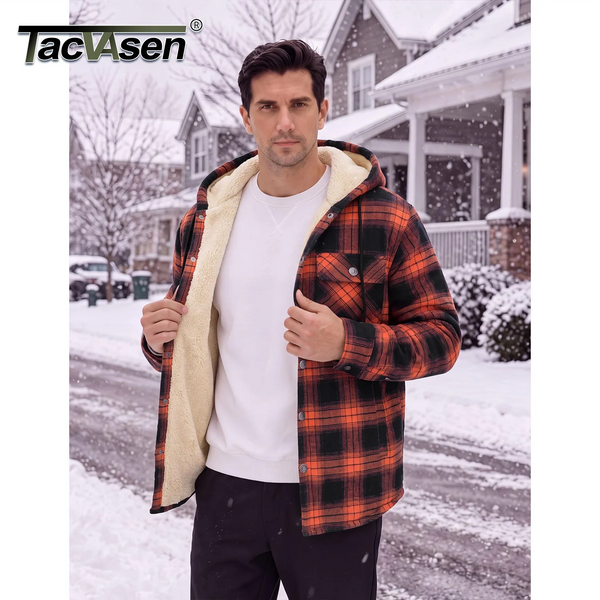TACVASEN Mens Sherpa Lined Flannel Hoodies Jacket Heavyweight Hooded Fleece Thicken Warm Button Down Plaid Jacket Outwear Coats