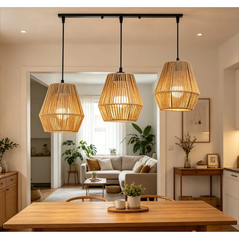JOYINLED 3-Light Rattan Pendant Light Rattan Chandelier Light Fixture Hand-Woven Wicker Chandeliers for Living Room Dining Room