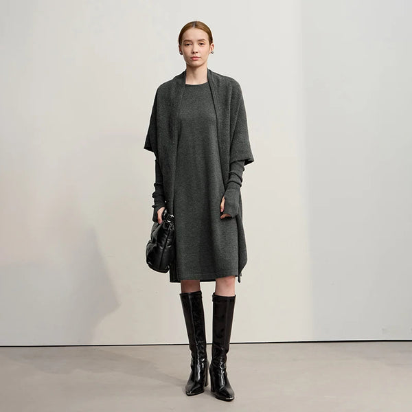 Amii Womens Dresses 2026 Winter New Minimalist Round Neck Loose Elastic Short Sleeves Knitted Wool Dresses For Woman 12544053