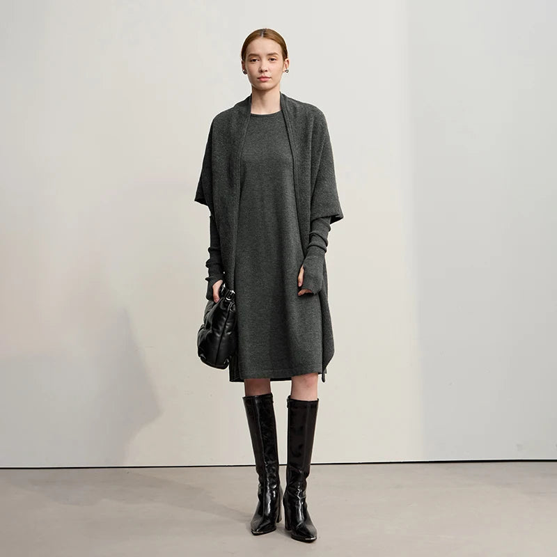 Amii Womens Dresses 2026 Winter New Minimalist Round Neck Loose Elastic Short Sleeves Knitted Wool Dresses For Woman 12544053