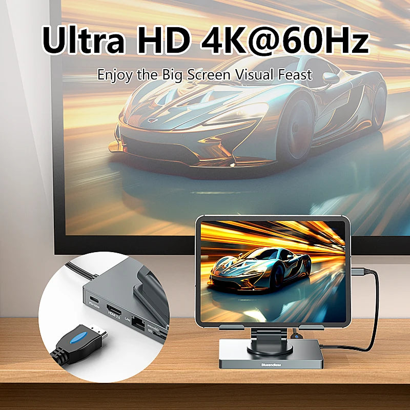 ជើងទម្រ iPad Blueendless USB C Hub 4K 60HZ HD Type-C 100W PD SD/TF Slot Reader USB 3.0 5Gbps 9 ក្នុង 1 Type-C Hub សម្រាប់ដាក់ iPad