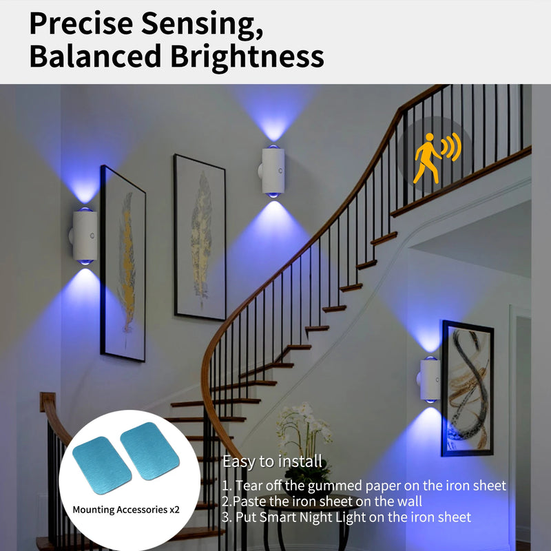 ភ្លើង LED ពេលយប់ RGB ឧបករណ៍ចាប់សញ្ញាចលនា ភ្លើងជញ្ជាំង USB អាចសាកបាន ភ្លើងឡើងលើ និងចុះក្រោម សម្រាប់ជណ្ដើរ រានហាល ការតុបតែងផ្ទះ Ambient