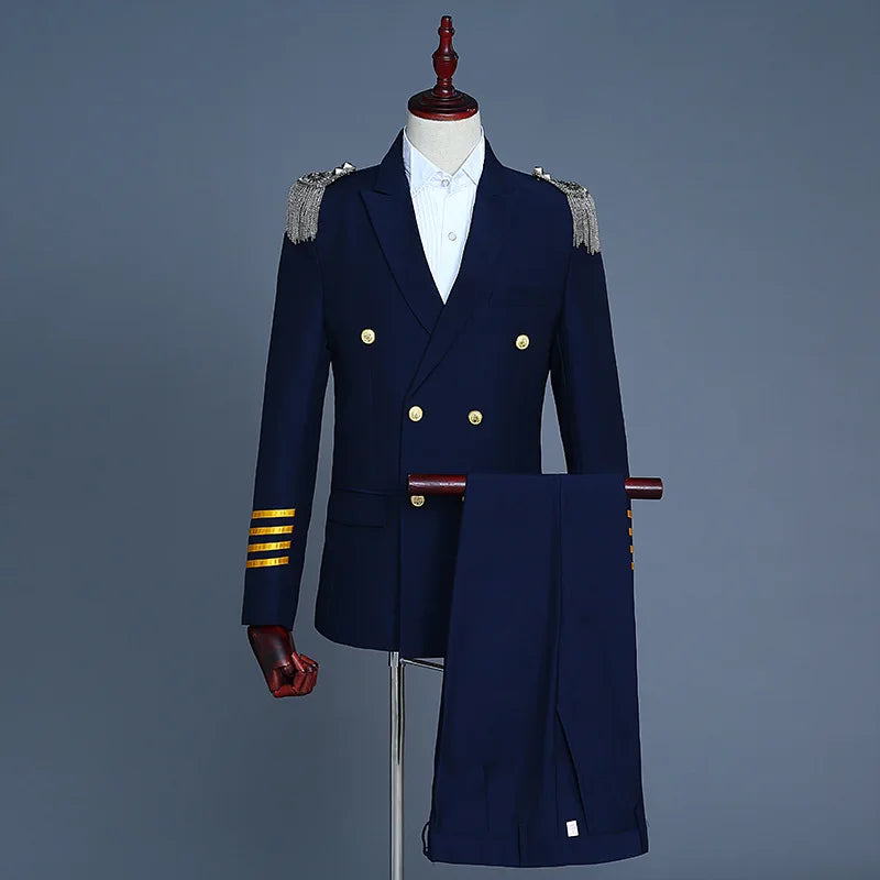 Men's Blue Printed Two-Piece Set, White Slim Fit Dress Jacket and Pants, Single Button Black Blazer Coat with Trouser.New 2026