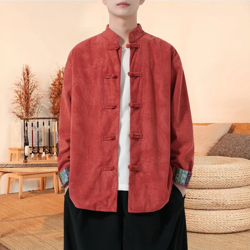 Chinese-style Blue-Green Men's Long-sleeve Jacket, Black Single-button Stand-up Collar Printed Coat,Pink,Red,Apricot,Gray Tops.