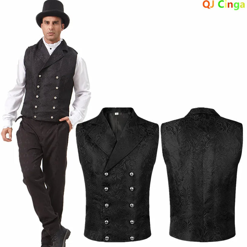 Men's Black Suit Vest; Jacquard Fabric, Double-breasted, Sleeveless, V-neck Vests; Available in White, Blue, and Champagne.
