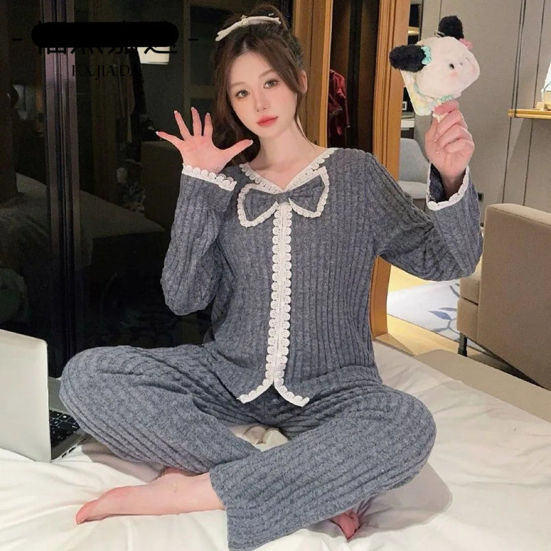 XL-6XL Korean Plush Fleece Women's Pajamas Set New Lounge Wear Spring Autumn Sleepwear For Sleeping Suit Home Wear Pijama