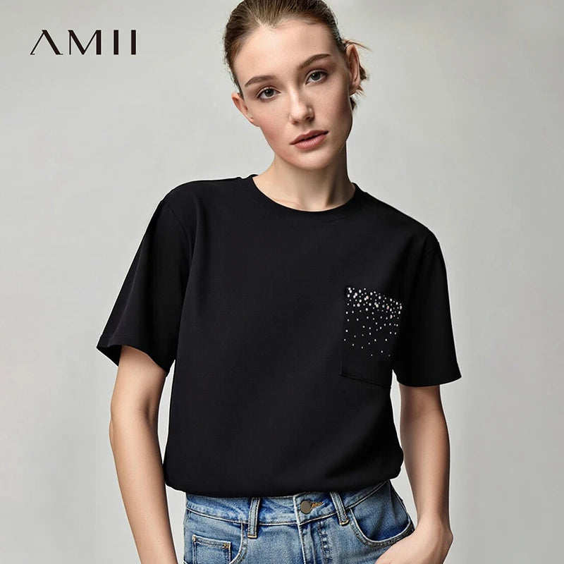 អាវយឺត Amii សម្រាប់នារី រដូវក្តៅ ឆ្នាំ២០២៦ អាវយឺតកមូលថ្មី លាតកប្បាស មានហោប៉ៅ Rhinestone ដៃខ្លី រលុង សម្រាប់នារី 12642113