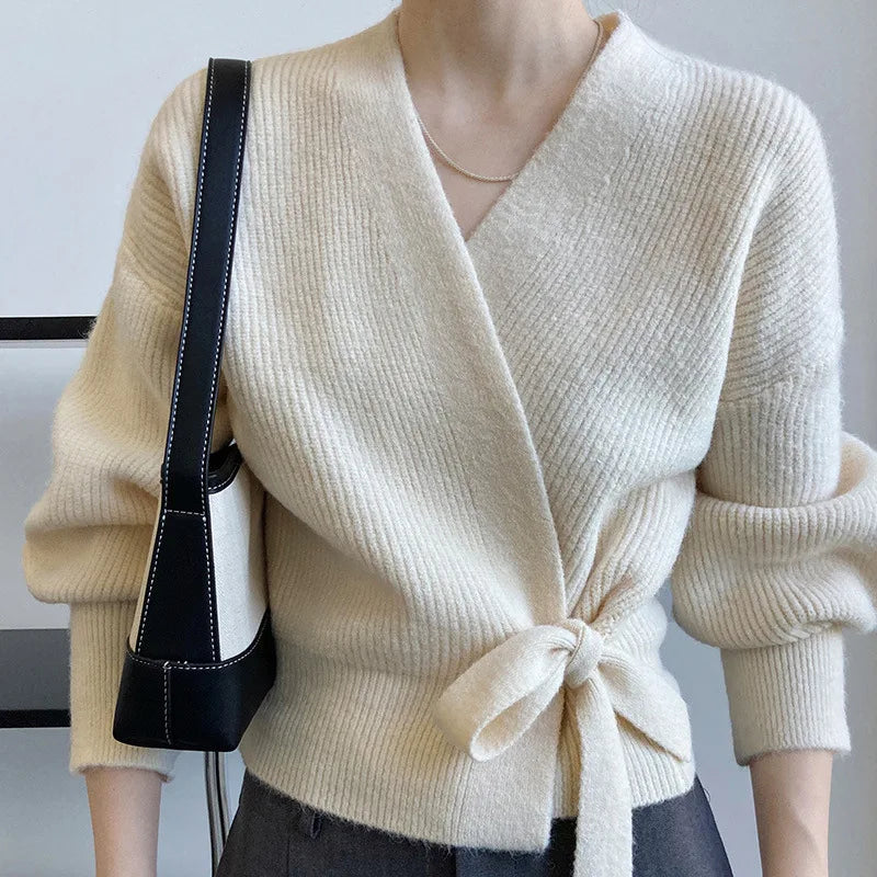 Korean Thin Sweater Outerwear Top Autumn and Winter French V-neck Lace Up Fashion Knitted Cardigan Women Slim Jumper