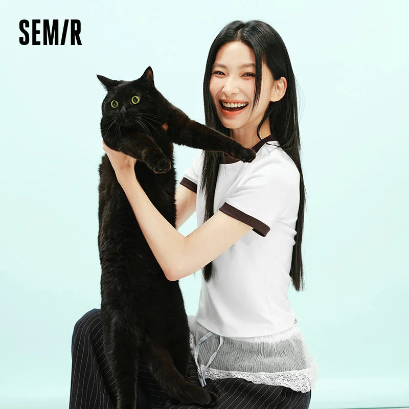 Semir Women Tshirt Cropped Contrast Color Slim Straight Shoulder Short Sleeve Summer 2026 Casual Style Soft Top