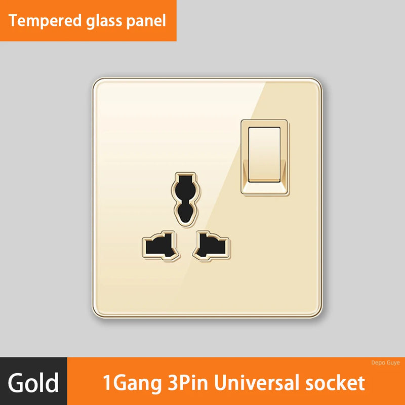 Luxury All Tempered Glass Wall Lamp Switch Button Golden UK Plug 13A Universal Wall Socket with Usb ,220V2gang2way Dimmer Switch