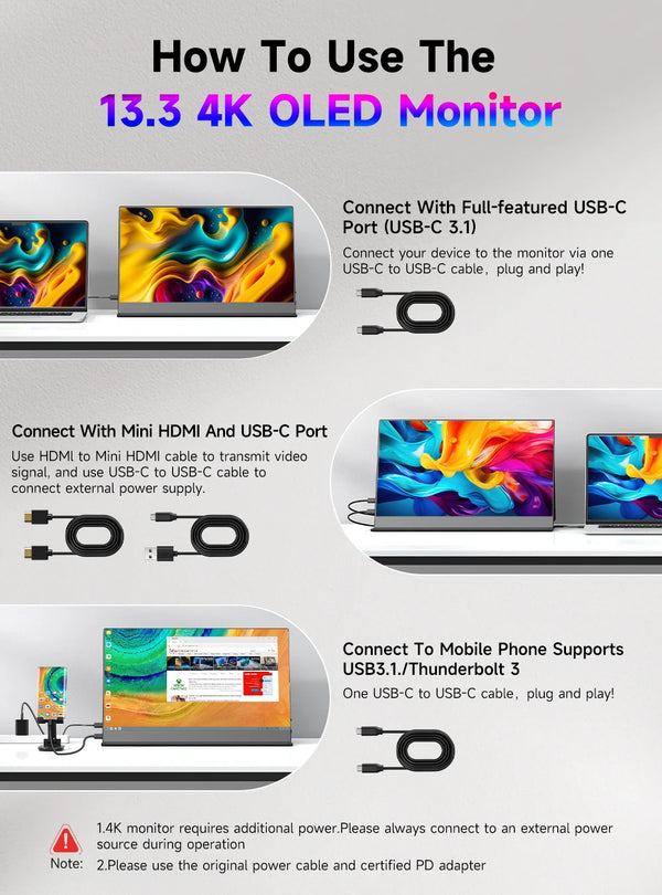 ម៉ូនីទ័រចល័ត OLED UHD 4K ដ៏ល្អឥតខ្ចោះ ទំហំ 13.3 អ៊ីញ IPS អេក្រង់ខាងក្រៅ HDMI សម្រាប់កុំព្យូទ័រយួរដៃ MINI PC Mac Steam Deck XBOX Switch Gaming Display