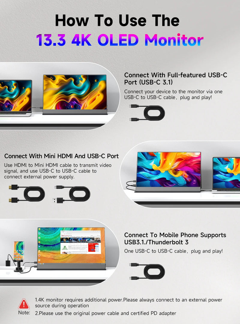 UPERFECT OLED UHD 4K Portable Monitor 13.3" IPS HDMI Extenal Screen For Laptop MINI PC Mac Steam Deck XBOX Switch Gaming Display