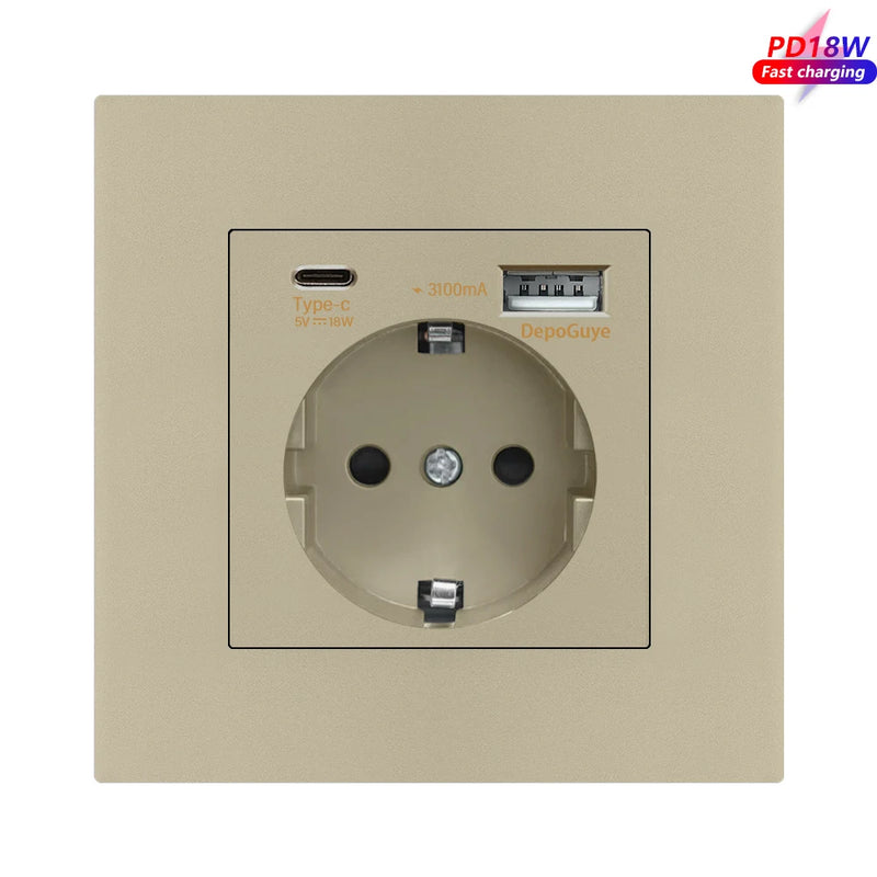 EU Standard Double USB Wall Power Socket,Electrical Socket Wall Plug with Type-c Usb Fast Charing Port 16A PC Panel Outlet 220V