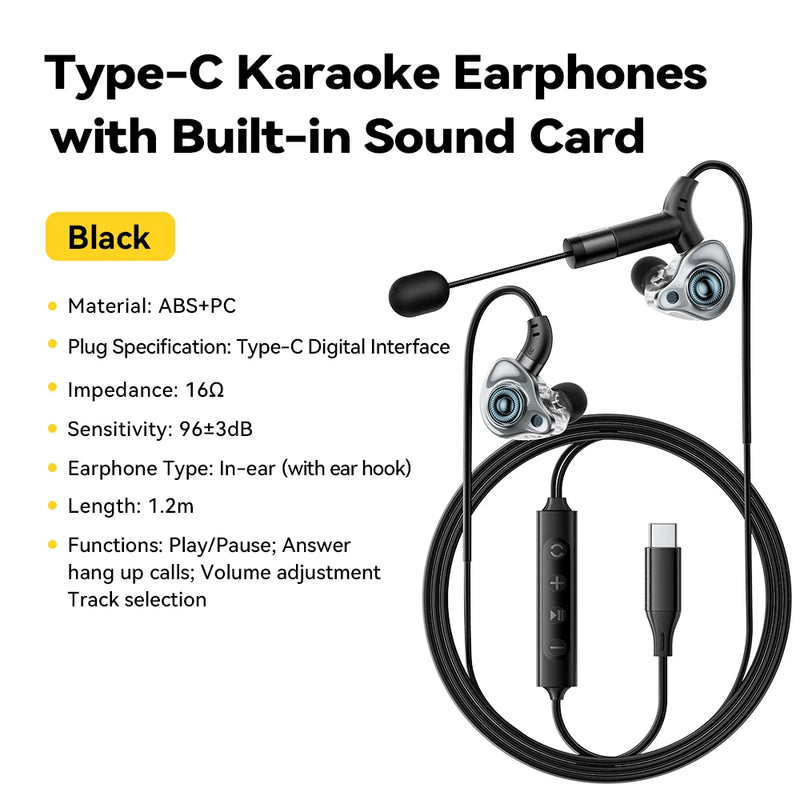 កាសស្តាប់ត្រចៀក Essager Type-C Karaoke ជាមួយនឹងកាតសំឡេងដែលភ្ជាប់មកជាមួយ HIFI Stereo Music កាសស្តាប់ត្រចៀកមានខ្សែ ជាមួយមីក្រូហ្វូន សម្រាប់ច្រៀង/ផ្សាយផ្ទាល់/លេងហ្គេម