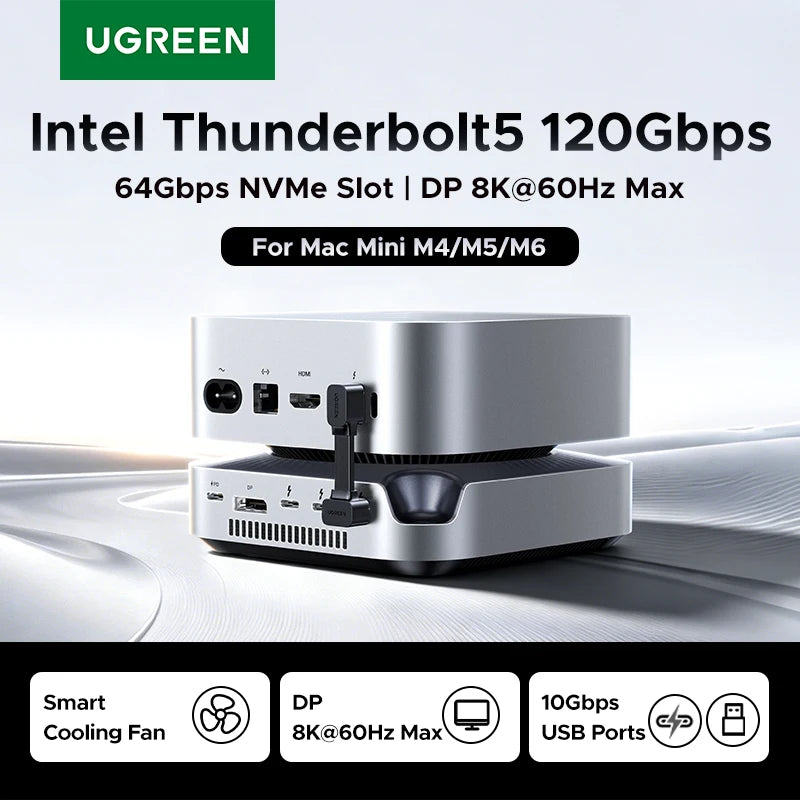 UGREEN Thunderbolt 5 120Gbps Mac Mini Docking Station M.2 NVMe SSD DP 8K60Hz SD4.0 USB-A 10Gbps for Mac Mini M4/M5 Pro/M6 HUB
