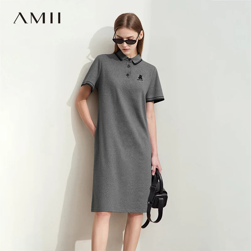 Amii Woman Dresses 2026 Summer New Color Block POLO Collar Midi Dress Women Loose Casual Short Sleeve Rhinestone Skirt 12622066
