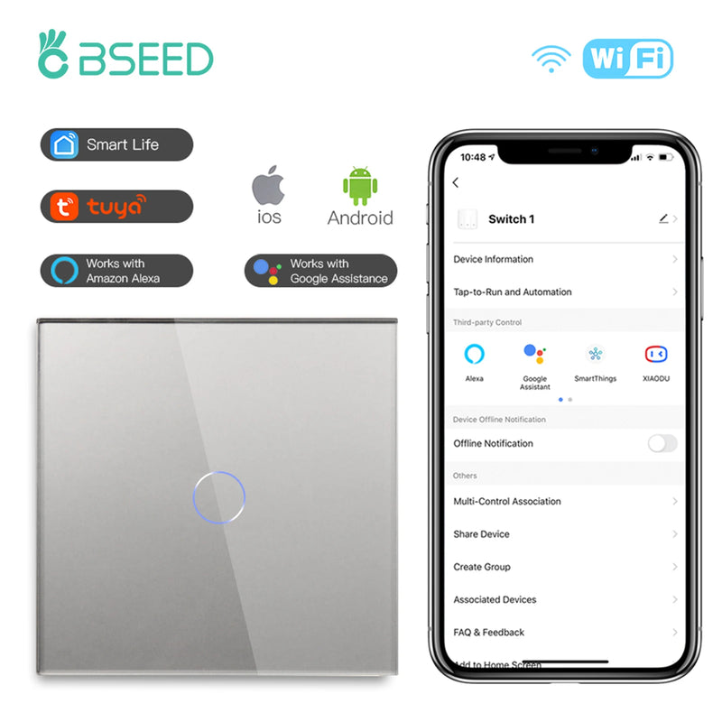 BSEED Wifi Light Switches Smart Wall Switch 1/2/3Gang 1/2/3/4Way Touch Sensor Switch With Normal Socket Support Tuya Smart Life