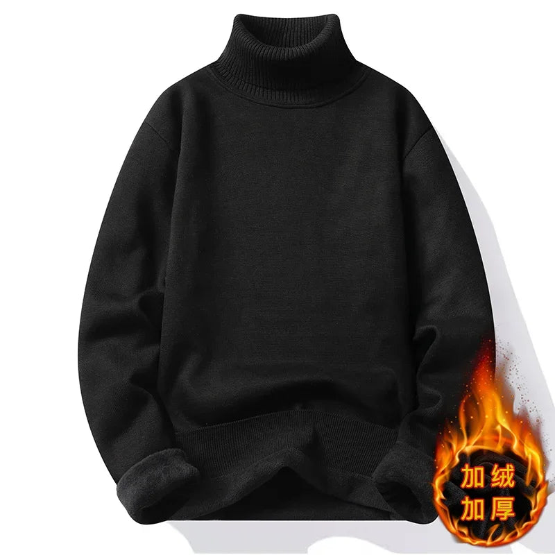 Male Long Sleeve Turtleneck Knit Top Thick Fleece Lining Warm Thermal Pullover Loose Fit Daily Casual Basic Clothes