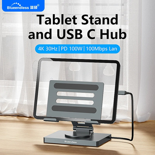 ស្ថានីយ៍ចតឧបករណ៍សាកថ្ម Blueendless USB 3.0 PD 100W ស្ថានីយ៍ចត HDTV 4K RJ45 ជើងទម្រពហុច្រក 7 ក្នុង 1 USB C SD TF ប្រភេទ C ឧបករណ៍ភ្ជាប់មជ្ឈមណ្ឌលចត