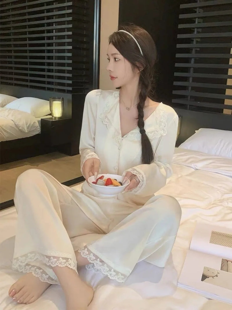 Elegant Sleepwear Women’s Loungewear 2 Pieces Set for Woman Clothes Pajamas New Spring Autumn Long Sleeve Thin Home Clothes Set