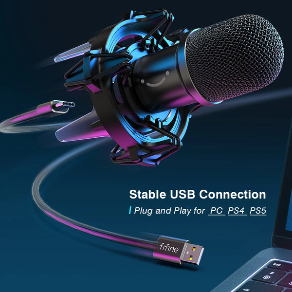 ឈុតមីក្រូហ្វូនឌីណាមិក USB FIFINE ជាមួយដៃប៊ូម, ម៉ោនឆក់ RGB, ឈុតមីក្រូហ្វូន Cardioid សម្រាប់ស្ទ្រីមផតខាសហ្គេមសម្រាប់កុំព្យូទ័រ PS4 PS5-K651
