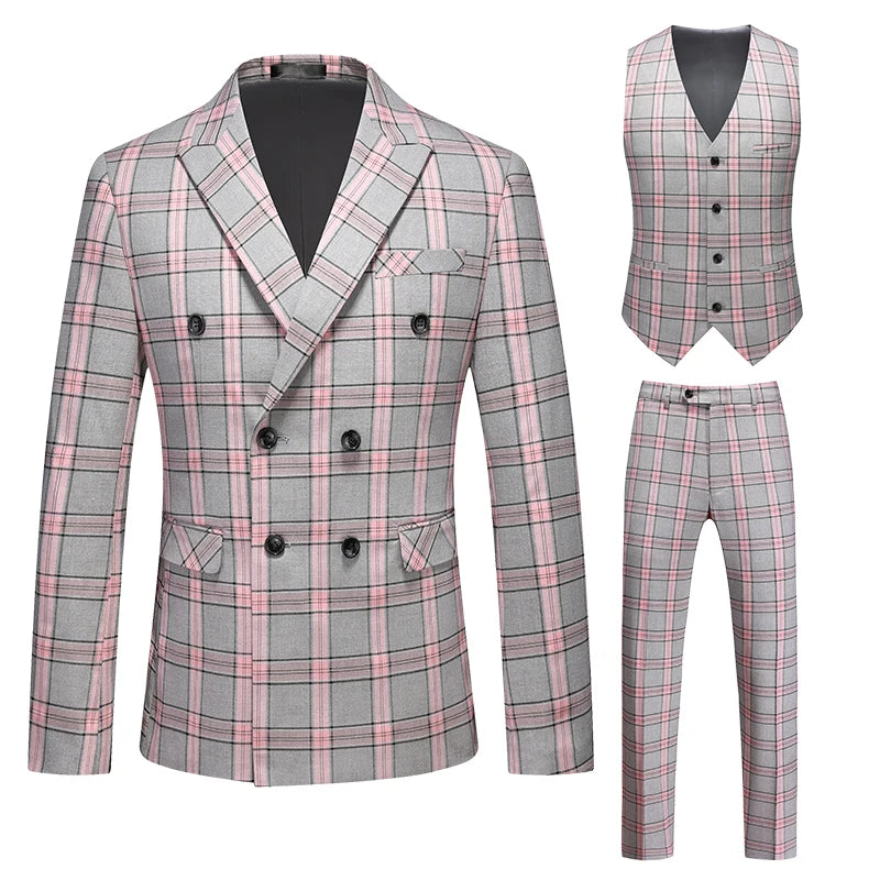 Men's Black-White Striped Plaid Suit 3-Piece, Wedding Party Dress Jacket and Vest with Trousers, Asian Sizes Red Slim Fit Sets.