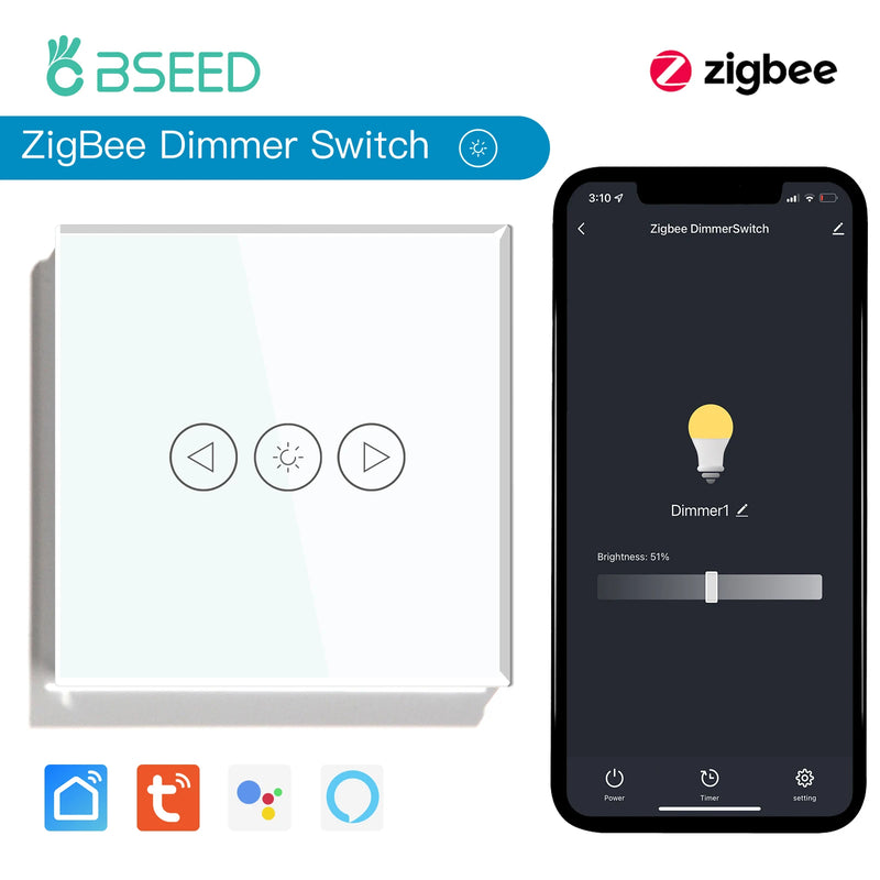 BSEED Zigbee Dimmer Light Switches 1Gang 1Way Wall Smart Dimmable Switch Support Tuya Smart Life Alexa Voice Control