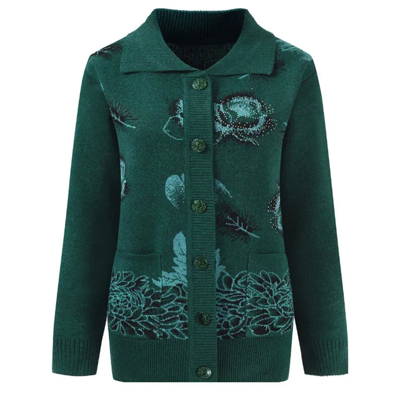 Fdfklak Middle-Aged Elderly Women Knitted Lapel Cardigans Mother Printed Buttons Sweater Spring Autumn Grandma's Clothes