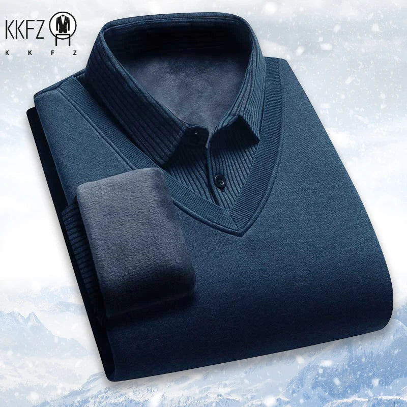 Mens Long Sleeve Collared Pullover Fake Vest Knit Design Full Fleece Lined Vertical Stripe Thermal Cold Weather Business Attire