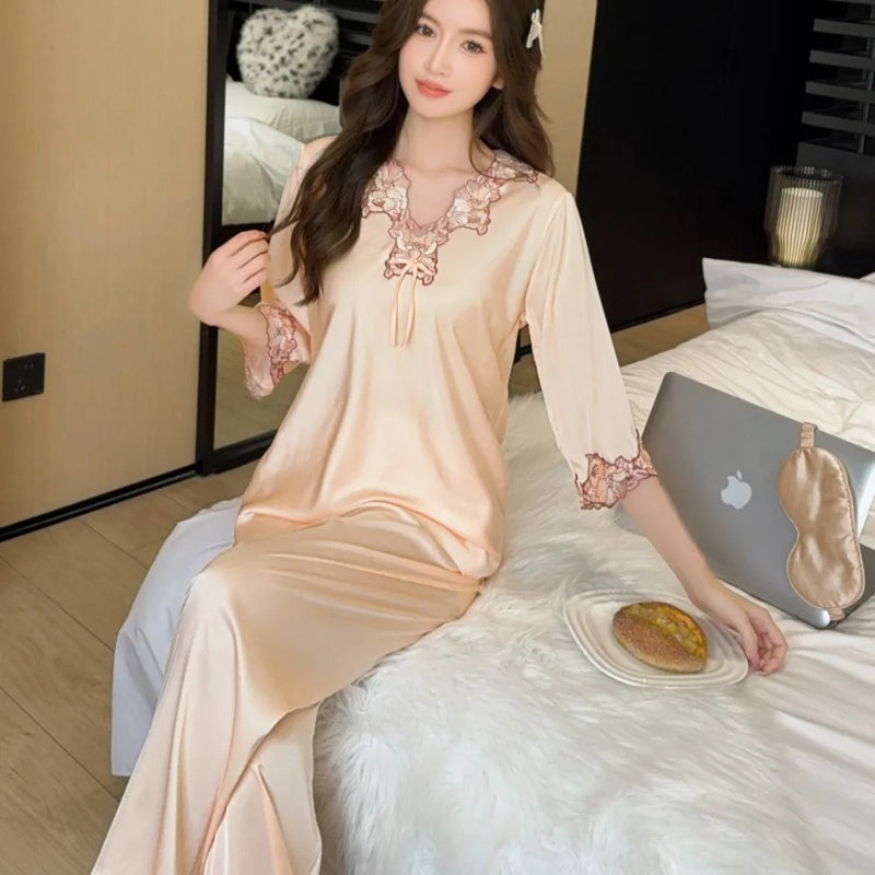 Elegant Two-piece Set Long-sleeved Trousers Pajamas Summer Sleepwear Woman Nightwear Solid Color Home Wear Sexy Pijama Pyjamas