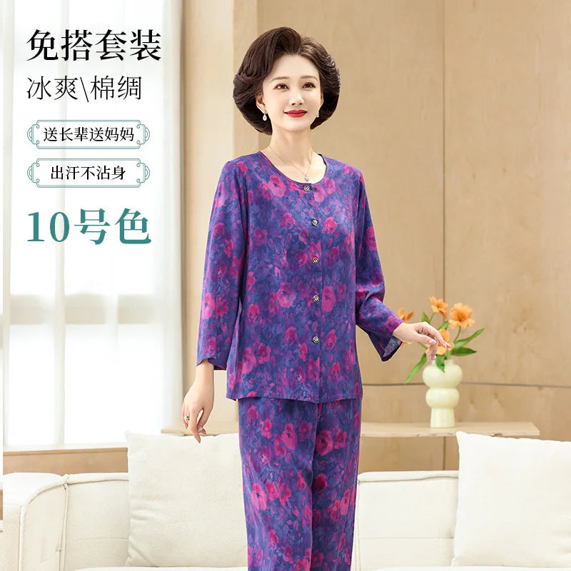 Middle-aged XL-4XL LARGE Home Wear Nightwear for Women Pajamas Floral Spring New Long Sleeve Pyjamas Set Woman Night Clothes