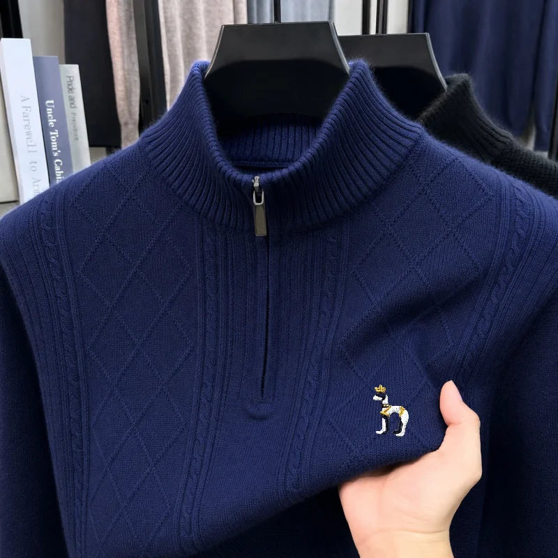 Trend Men's Long-Sleeved Knitwear Mock Neck Zipper Exquisite Pattern Embroidery Autumn Winter New Pullover Leisure Mens Clothing