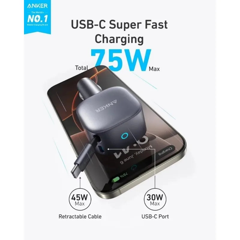 ឆ្នាំងសាករថយន្ត Anker A2738 Nano 75W USB-C ខ្សែ Type-C ដែលអាចដកថយបាន PD Fast Car Adapter សម្រាប់ iPhone Samsung MacBook Laptop