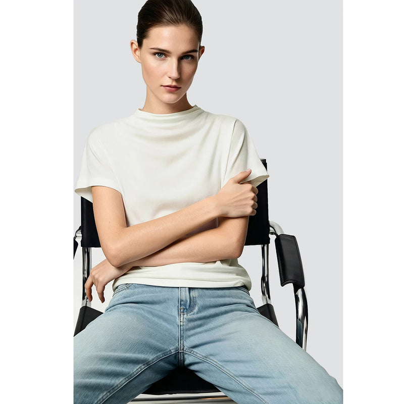 Amii Women's T-shirt 2026 Summer New Mock Cowl Neck Dolman Sleeve Shirred Tops Woman Elegant Acetate Office Casual Tees 12622221