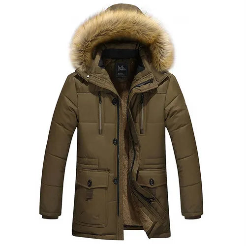 Men's Winter Black Hooded Parkas Jacket, Fake Fur Collar Thick Coats, Fashion Warm Outerwear Male Overcoat Blue Red Jaqueta