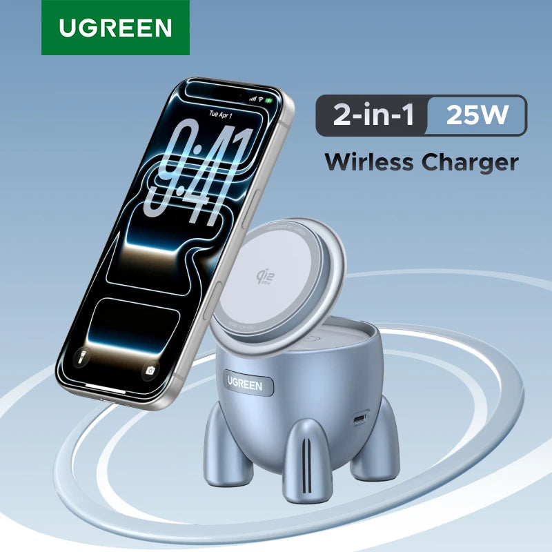 NEW! UGREEN Magflow Qi2 25W Wireless Charger 2 in 1 Innovative Rocket -Style For iPhone 17 16 Pro Max Fast Charging