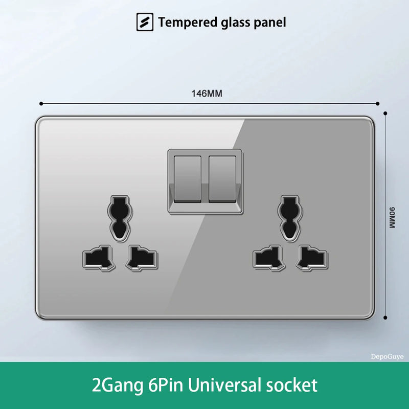 Deluxe Grey Tempered Glass Panel UK 13A Plug Electrical Socket, Double 5 Pin Socket and Switch, EU Universal USB C Wall Socket