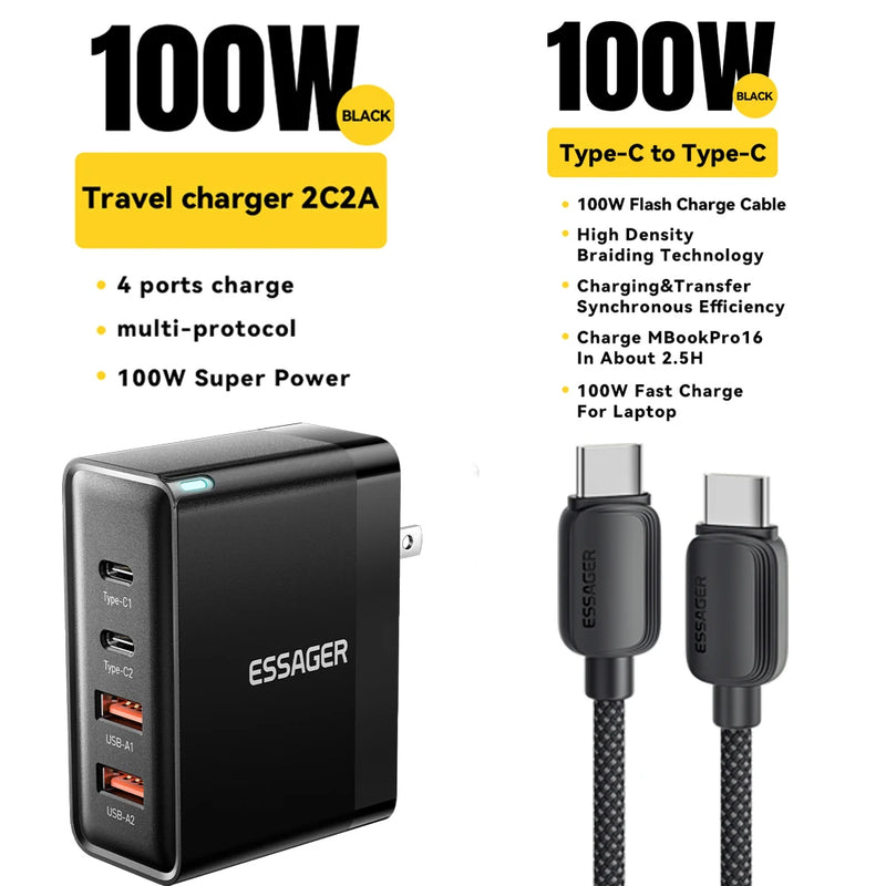 ឆ្នាំងសាក Essager 100W USB Type C ឆ្នាំងសាក 65W PD Quick Charge 4.0 3.0 Type-C សាកលឿនសម្រាប់ iPhone 16 15 14 13 Pro Xiaomi Macbook Laptop