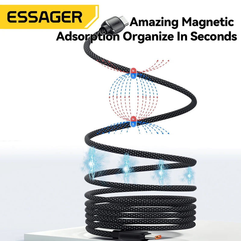 ខ្សែសាកទិន្នន័យ Essager 100W ម៉ាញេទិកដែលអាចដកថយបានលឿន ប្រភេទ C ទៅប្រភេទ C សម្រាប់សាក iPhone 17 16 15 Pro សម្រាប់ MacBook Samsung