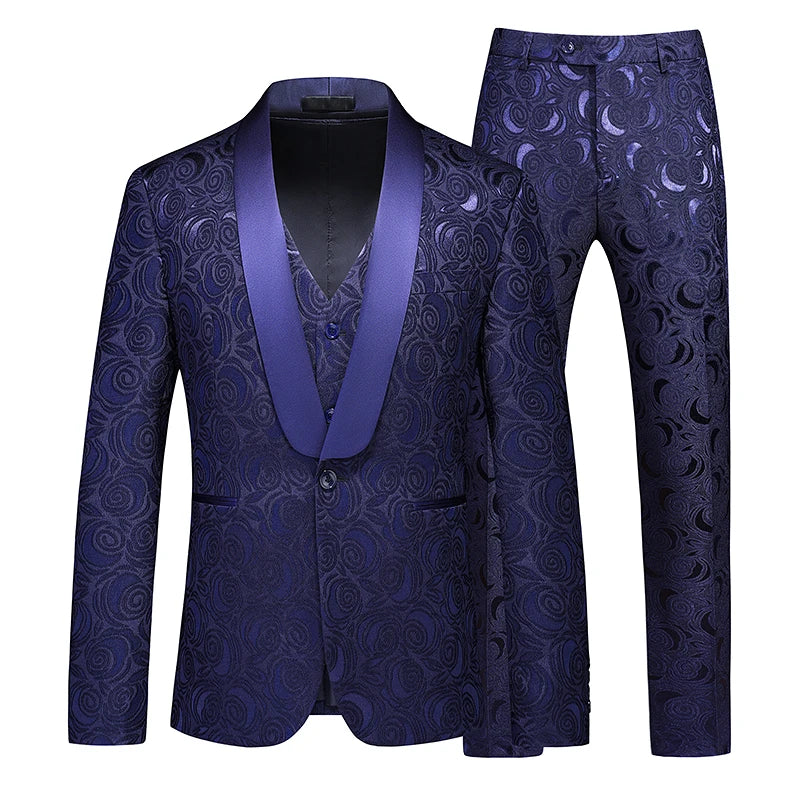 Luxury Men's Black Rose Pattern Suit 3-Piece, White Wedding Party Dress Jacket and Vest with Trousers, Asian Size M-6XL.